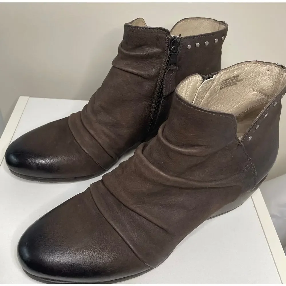 Miz Mooz Ruched Slouchy Leather Studded Ankle Boots Booties Zipper Brown Sz 38‎